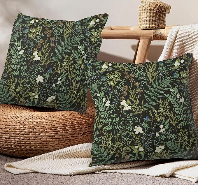 Green Plant Throw Pillow Covers 18x18 Inch Set of 2 Black Green Botanical Leaf Pillow Covers Vintage Floral Cushion Cover Farmhouse Waterproof Decor for Living Room Bedroom Sofa Patio Outdoor