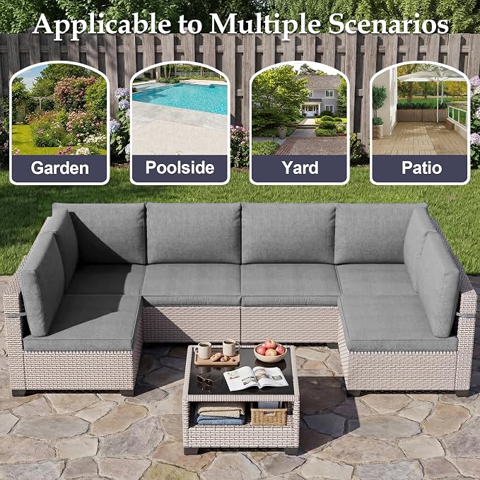 Patio Furniture Set, 9-Piece Outdoor Sectional Sofa with Ottomans & 2-Layer Glass Coffee Table, Wicker Patio Conversation Set with Gray Cushions for Poolside