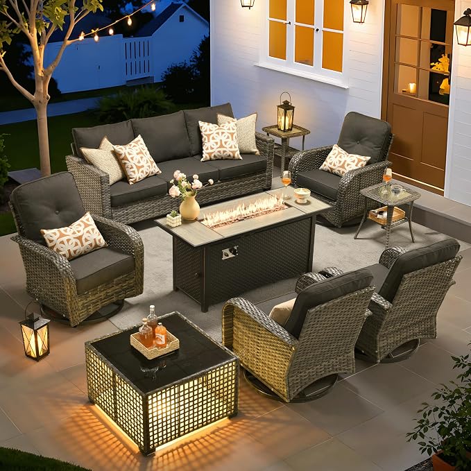 ovios 9 Pieces Patio Furniture Set, Outdoor Wicker Sofa Couch with Swivel Glider Chairs Fire Pit Table, Modern Deep Seat Rattan Conversation Sets for Deck Porch, Black