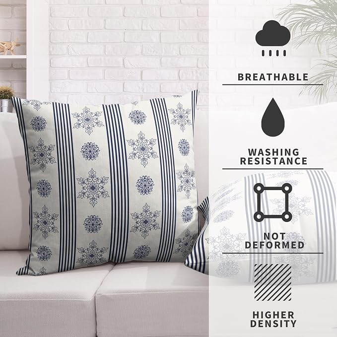 Winter Pillow Covers Blue and White Porcelain Blue Snowflakes Striped Throw Pillow Covers Navy Blue Floral Pillowcase 18x18 Set of 2 Neutral Cushion Case for Couch Sofa