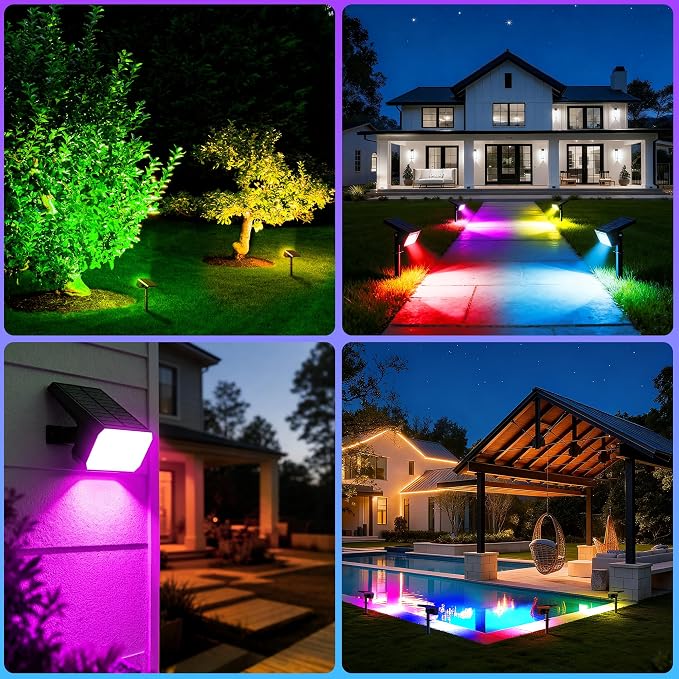 Solar Spot Lights Outdoor RGB Color Changing, 6 Pack, 28 LED | IP67 Waterproof, 7 Modes Auto On/Off, for Yard Garden Pathway Walkway Tree Patio Driveway