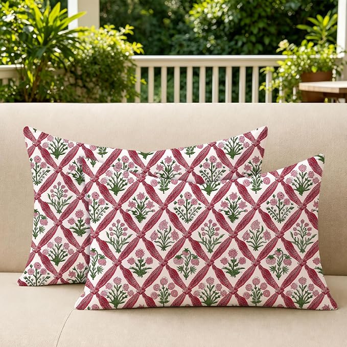 Allorry Floral Outdoor Pillow Covers 12x20 Rose Pink Waterproof Decor | Set of 2 Vintage Floral Block Print Pillow Cover,Farmhouse Boho Decorative for Spring Summer Outdoor Sofa Bedroom Decor
