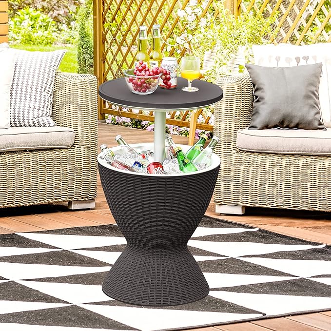 Tangkula Outdoor Cooler Table, Multi-Functional Cooler Bar Table, Adjustable Height Ice Cooler Side Table w/Drain Plug, 8 Gallon Beer & Wine Cooler, Rattan Style Patio Furniture for Pool Parties