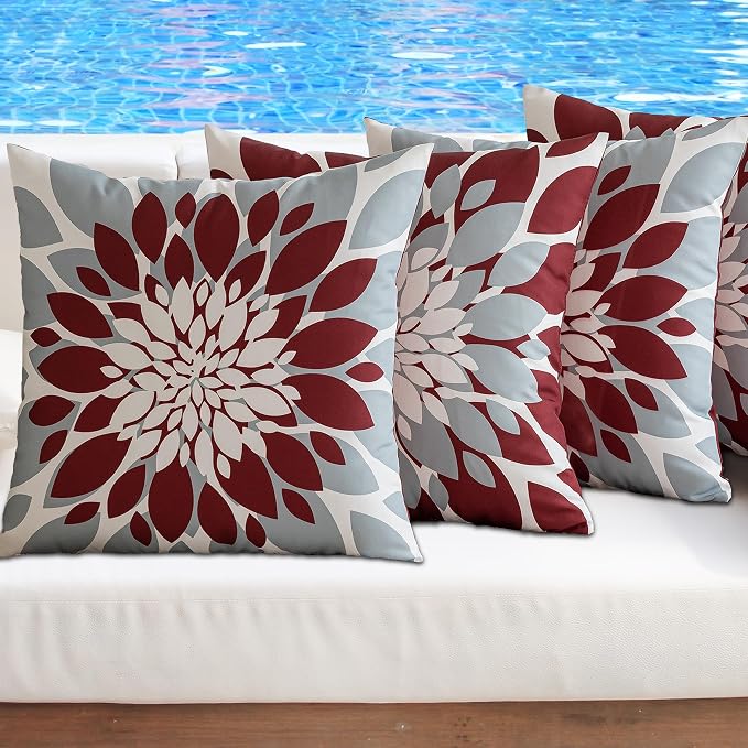 Pack of 4 Outdoor Waterproof Pillow Covers 16x16 Decorative Outdoor Throw Pillows Garden Square Cushion Cases for Patio Furniture, Couch, Tent Sunbrella, Bench, Burgundy Red Grey