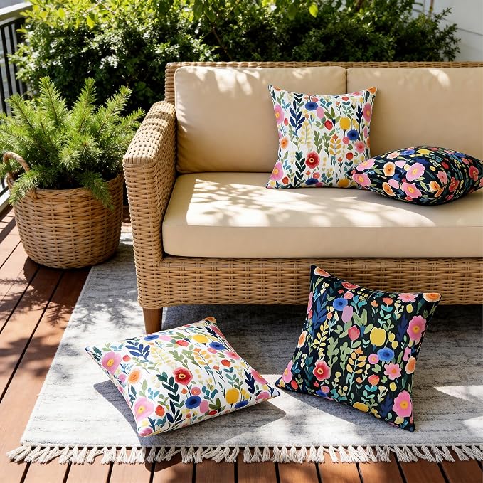 Outdoor Pillows Covers 18X18 Inch Pack of 2, Spring Floral Waterproof Throw Pillow Covers, Black Printed Flower Decorative Square Pillowcases for Summer Patio Furniture Garden Balcony Porch