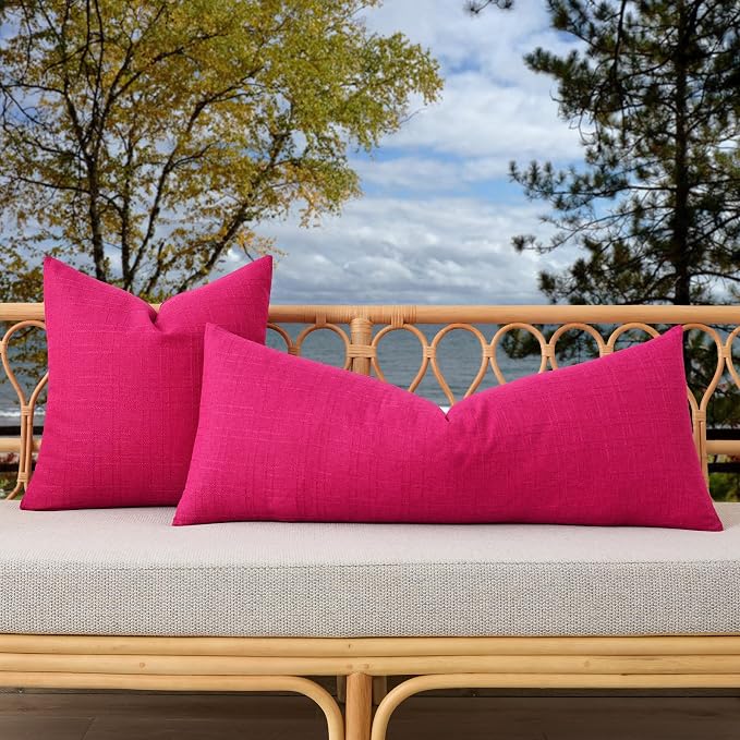 Kevin Textile Outdoor Waterproof 14”x36” Pillow Cover 1 Pack, Hot Pink | Water Resistant, Soft Faux Linen-cotton Yarn-dyed Woven Texture Throw Pillow Covers for Tent Patio Garden Couch Sofa