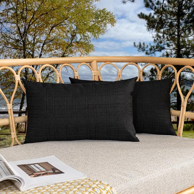 Kevin Textile Outdoor Waterproof 12”x20” Lumbar Pillow Covers 2 Pack, Black | Water Resistant, Soft Faux Linen-cotton Yarn-dyed Woven Texture Throw Pillow Covers for Tent Patio Garden Couch Sofa