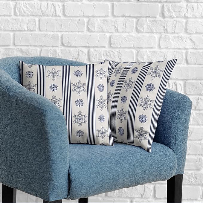 Winter Pillow Covers Blue and White Porcelain Blue Snowflakes Striped Throw Pillow Covers Navy Blue Floral Pillowcase 18x18 Set of 2 Neutral Cushion Case for Couch Sofa