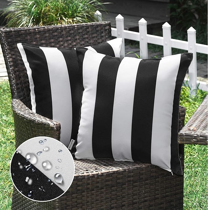 Pack of 2 Outdoor Waterproof Striped Pillow Covers Decorative Throw Covers | 20x20, Black and White, Garden Cushion Covers, Farmhouse Pillowcases for Couch Sofa Patio Tent Balcony