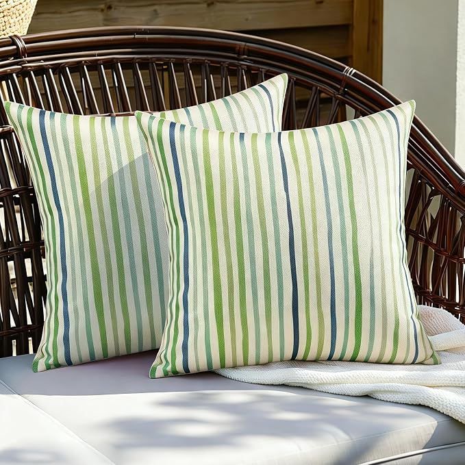 All Smiles Sage Green Outdoor Waterproof Throw Pillow Covers 20x20 Set of 2 | Spring Summer Decorative Cushion Cases Porch Decor for Patio Bench Garden Furnitures Couch Sofa,Sage Green Lines Stripes