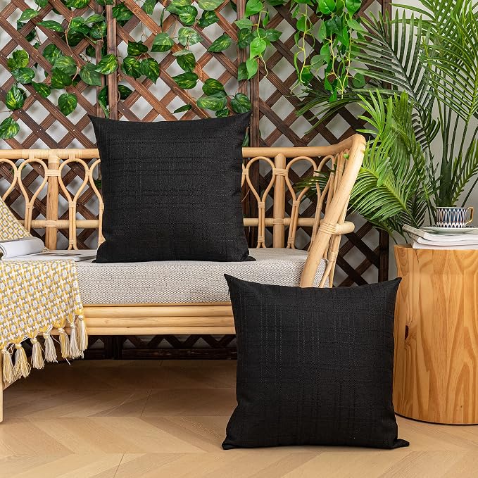 Kevin Textile Outdoor Waterproof 24”x24” Pillow Covers 2 Pack, Black | Water Resistant, Soft Faux Linen-cotton Yarn-dyed Woven Texture Throw Pillow Covers for Tent Patio Garden Couch Sofa