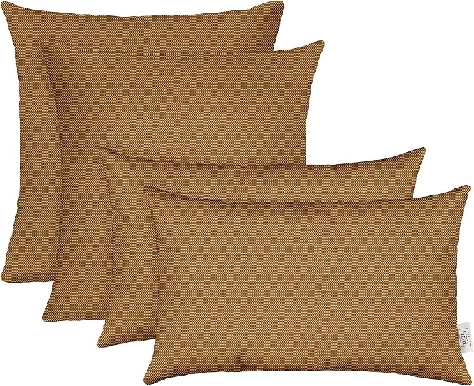 RSH DECOR: Sunbrella Lumbar & Square Pillows Set of 4 | 20" x 12" & 17" x 17" | Water and Fade-Resistant Performance Fabric | Outdoor Throw Pillows | Made in USA (Sailcloth Sienna Tan)