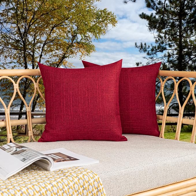 Kevin Textile Outdoor Waterproof 26”x26” Pillow Covers 2 Pack, Red | Water Resistant, Soft Faux Linen-cotton Yarn-dyed Woven Texture Throw Pillow Covers for Tent Patio Garden Couch Sofa