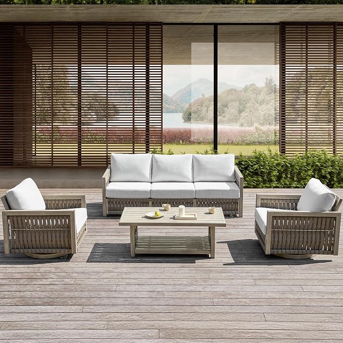 4 Pieces Patio Furniture Set, Outdoor Conversation Set with Coffee Table, 3-Seat Sofa & Swivel Chair, Rope Weave & Aluminum Frame, Contemporary Sofa with Cushion for Porch Yard Deck, Gray Oak
