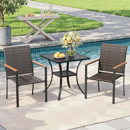 Small Patio Dining Set for 2, 27.5" Square Metal Table and Stackable Wicker Patio Chairs, Outdoor Furniture Set for Porch Garden, Walnut Chairs, Black Table