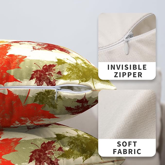Thanksgiving Orange Red Maple Leaves Throw Pillow Covers 24x24 Green Grey White Stripes Pillow Covers Fall Cotton Linen Decorative Pillow Case for Patio Living Room Couch Set of 2