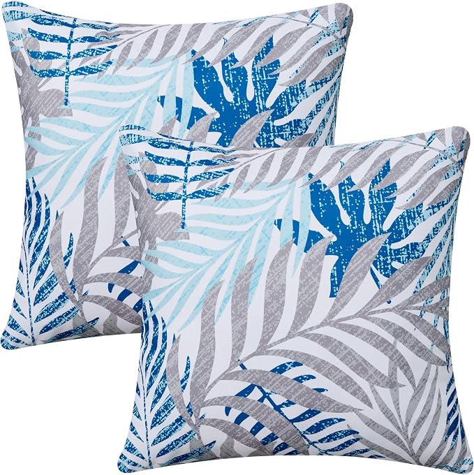 Allorry Outdoor Pillow Covers 18x18 Set of 2 Hawaii Tropics Palm Leaves Blue Gray Floral Pattern Decoration Pillow Covers for Spring Summer Outdoor Waterproof Garden Patio Sofa Bed Decor JB010-B18