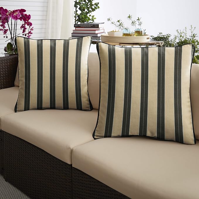 Sorra Home x Sunbrella - Square Pillows (Set of 2), Tan & Black Stripes