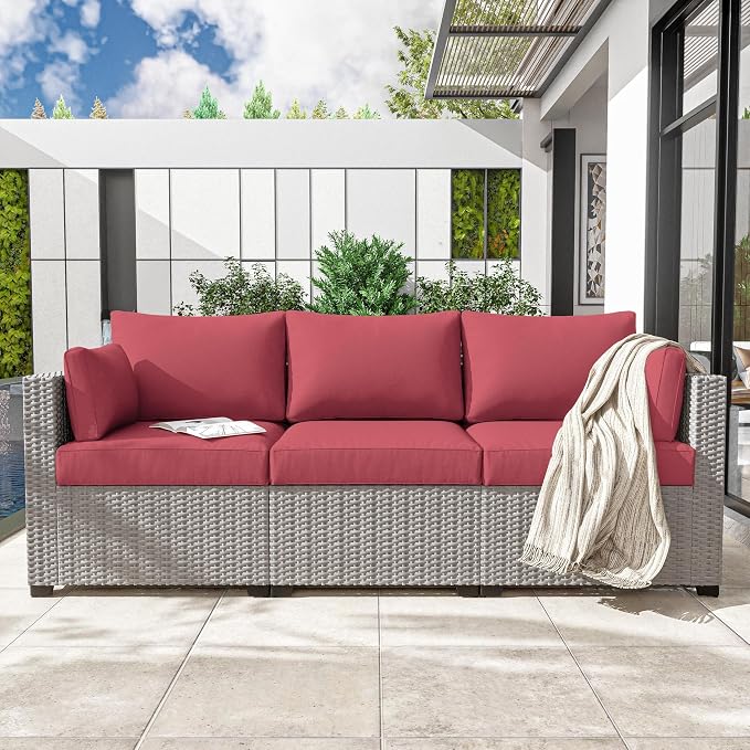 Outdoor Furniture Replacement Cushions, Waterproof Patio Furniture Cushions, 4" Deep Seat Outdoor Sectional Cushion for 3-Seat Outdoors Rattan Sofa Patio Sofa Cushion, Fuchsiared