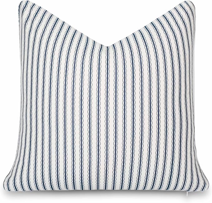 California Casual Coastal Indoor Outdoor Throw Pillow Cover, 22"x22" Water Repellent for Patio, Backyard, Couch, Poolside, Dark Navy Print Wave Stripes