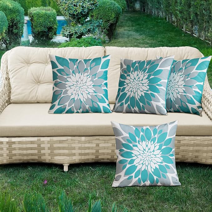 Pack of 4 Outdoor Waterproof Pillow Covers 18x18 Decorative Outdoor Throw Pillows Garden Square Cushion Cases for Patio Furniture, Couch, Tent Sunbrella, Bench, Teal Turquoise Grey