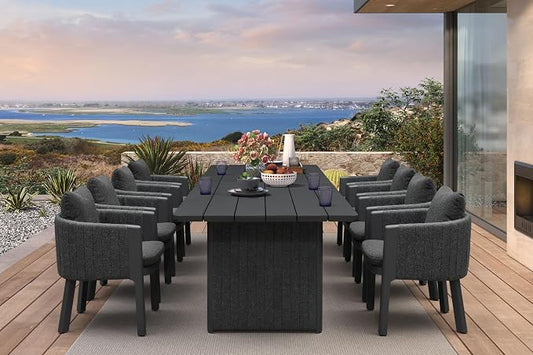 PURPLE LEAF Luxury 9-Piece Oversize Outdoor Dining Set for 8 Powder-Coated Aluminum Patio Table and Handwoven Olefin Rope Chairs with Cushions Weather-Resistant Patio Furniture Carbon Slate Color