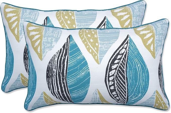 Pillow Perfect Botanical Indoor/Outdoor Throw Pillows, 2 Count, Lumbar - 11.5" x 18.5", Blue Leaf Block Teal/Citron