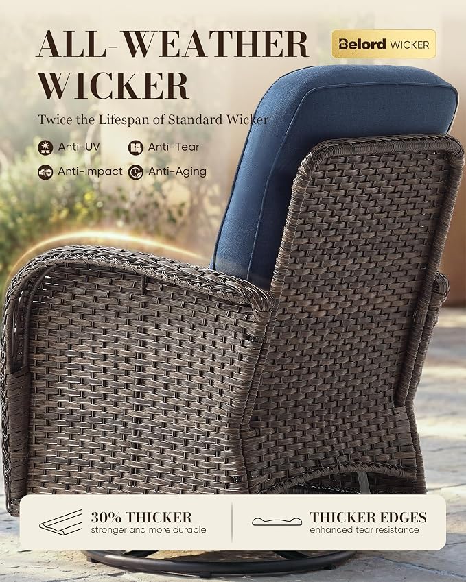 Belord Upgraded 6“ Cushion Luxury 5 Piece Patio Furniture Set - High Back Outdoor Furniture Set with Swivel Rocker Patio Chairs, All-Weather Wicker Conversation Set for Deck Porch Yard - Brown/Blue