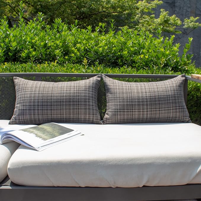 Kevin Textile Outdoor Waterproof 12"x24" Lumbar Pillow Covers 2 Pack, Grey | Water Resistant, Faux Linen Yarn-dyed, Woven Texture Throw Pillow Covers for Tent Patio Garden Couch Sofa