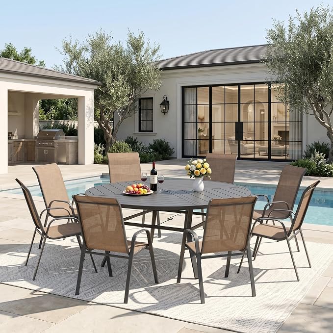 DIFY 9 Piece Outdoor Dining Set, 53" Black Round Metal Dining Table and Brown Textilene Stackable Patio Chairs, Patio Table and Chairs Set for 8 with Umbrella Hole for Backyard Garden Deck