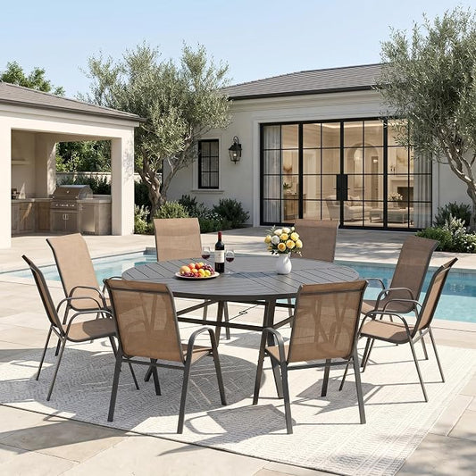DIFY 9 Piece Outdoor Dining Set, 53" Black Round Metal Dining Table and Brown Textilene Stackable Patio Chairs, Patio Table and Chairs Set for 8 with Umbrella Hole for Backyard Garden Deck