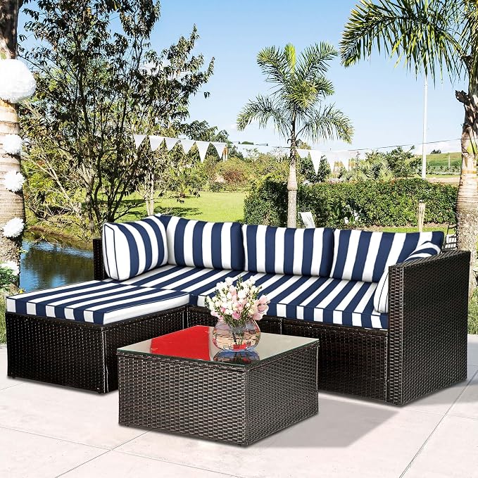 9pc Waterproof Outdoor Couch Cushions for 4 Seat Patio Blue Stripe | Water-resistant, UV-resistant,9pc High-Density Foam Replacement Cushions for 4-Seat Outdoor Sectional Furniture
