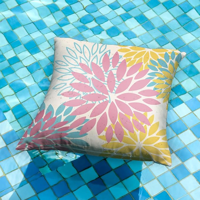 DFXSZ Outdoor Waterproof Pillow Covers 18x18 Set of 2 Pink Yellow Flower | Spring Summer Waterproof Flower Throw Pillowcases（No Inserts）Decor for Valentines Patio Funiture Garden Polyester Covers