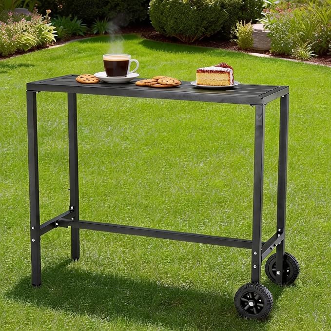Takywep 39 Inch Counter Height Outdoor Bar Table with Wheels & Adjustable Leveling Feet, Multipurpose High Top Bar Table for Kitchen, Home Bar, Patio, Balcony, Black