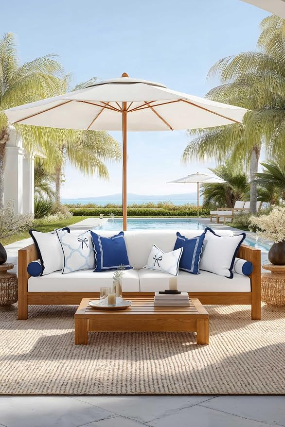 Hofdeco Premium Coastal Hampton Patio Indoor Outdoor Bolster Pillow Cover Only, 6"x20" Water Repellent for Backyard, Couch, Poolside, Navy Blue Embroidered Stripes