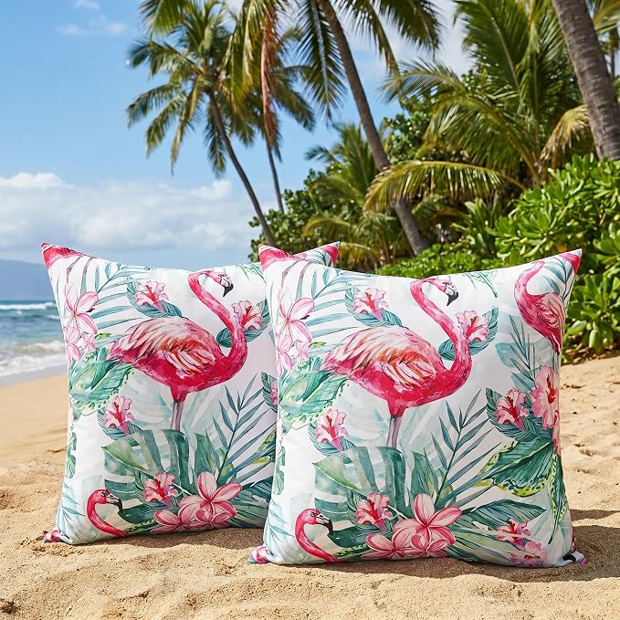 Pyonic Waterproof Outdoor Pillow Covers 18x18 inch Tropical Plant and Flamingo Throw Pillow Covers for Summer Patio Furniture Garden Porch Pool Decor
