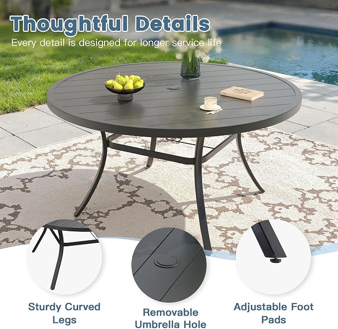 DIFY 11 Piece Outdoor Dining Set, 60" Black Round Metal Patio Table and Brown Textilene Stackable Chairs for 10, All Weather Patio Furniture Set with Umbrella Hole for Backyard Garden Deck