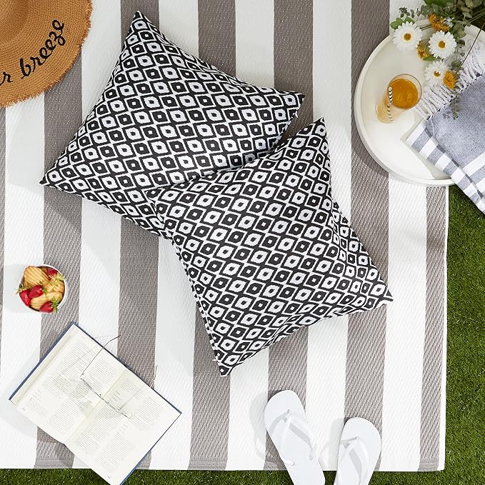 DII Throw Pillow Cover Collection Outdoor Water Repellent Polyester, Reversible, 18x18, Black Ikat, 2 Piece