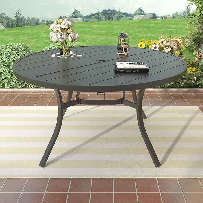Patio Dining Table for 6,Steel Slatted Round Outdoor Table with Adjustable Umbrella Hole,54",Black