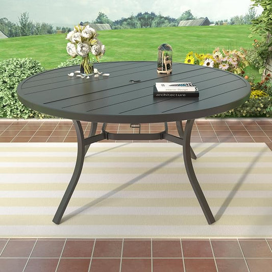 Patio Dining Table for 6,Steel Slatted Round Outdoor Table with Adjustable Umbrella Hole,54",Black