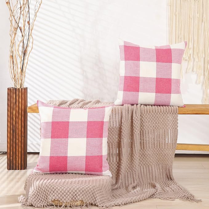 CARRIE HOME Pink and White Buffalo Check Plaid Throw Pillow Covers 16x16 Set of 2 Modern Farmhouse Decorative Accent Pillows 16 x 16 Pink Room Decorations for Bed Couch and Sofa