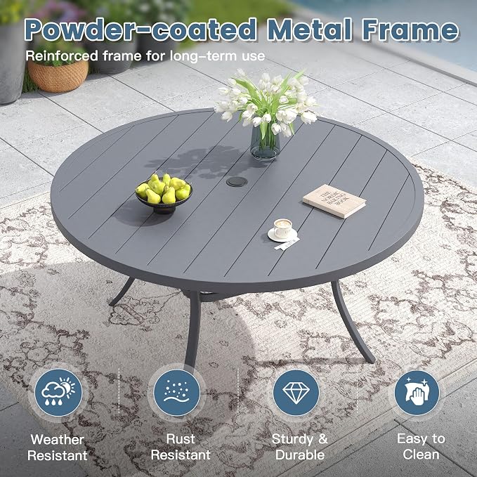 DIFY 7 Piece Outdoor Dining Set, 50" Round Metal Patio Table and Textilene Stackable Chairs for 6, All Weather Patio Furniture Set with Umbrella Hole for Backyard Garden Deck, Grey