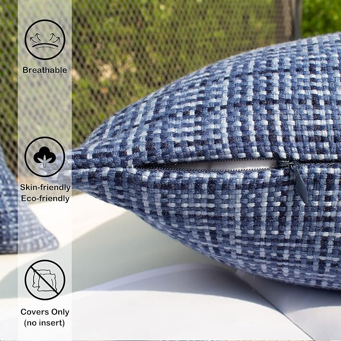 Kevin Textile Outdoor Waterproof 22x22 Inch Pillow Covers 2 Pack, Navy Blue | Water Resistant, Faux Linen Yarn-dyed, Woven Texture Throw Pillow Covers for Tent Patio Garden Couch Sofa