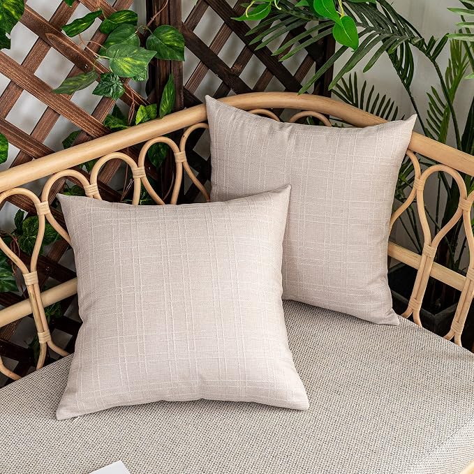 Kevin Textile Outdoor Waterproof 20”x20” Pillow Covers 2 Pack, Light Beige | Water Resistant, Soft Faux Linen-cotton Yarn-dyed Woven Texture Throw Pillow Covers for Tent Patio Garden Couch Sofa