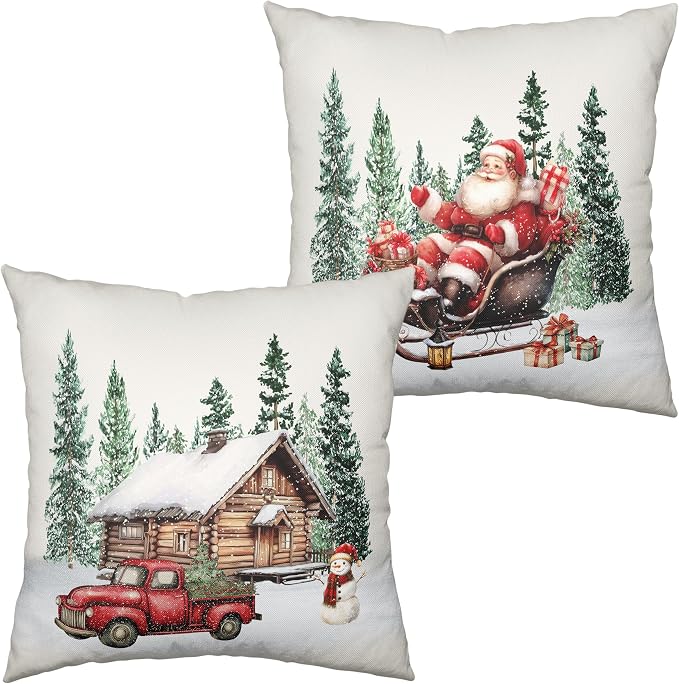 Christmas Santa Pillow Covers Set of 2 Snowy Cabin Red Truck Snowman Throw Pillow Covers Green Xmas Tree Pillowcase 18x18 Cotton Linen Cushion Case for Winter Holiday Home Decor