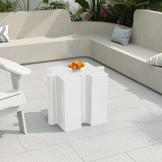 Christopher Knight Home Daton Interlocking Puzzle Outdoor Side Table, Lightweight Concrete Patio Coffee Table, Concave Edge MGO Modular End Table, Creative Set Up for Indoor&Outdoor Use, White
