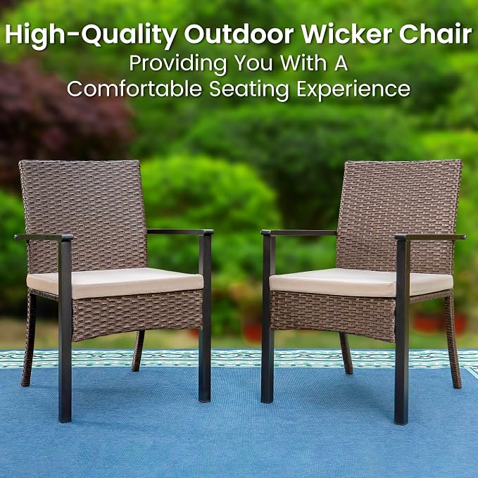 PHI VILLA 7 Piece Patio Dining Set, 64” Wood-Like Table, Rattan Chairs | Outdoor Dining Set for 6, Rectangular Table with Umbrella Hole, Wicker Chairs with Cushions for Patio, Deck, Porch