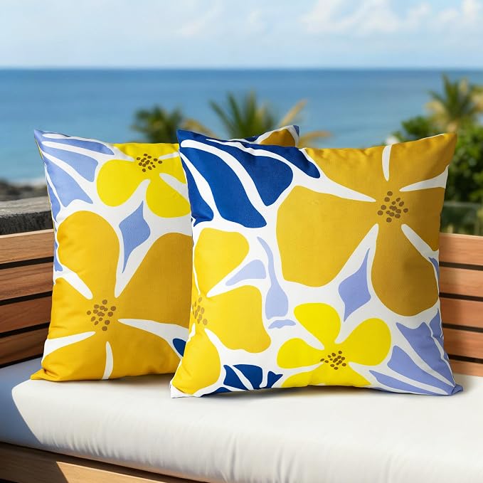 Outdoor Pillow Covers 18x18 Inch, Water-Resistant Decorative Pillow Covers Pack of 2, Floral Throw Pillow Case for Patio Furniture Tent Garden, Yellow Blue Floral, Cover ONLY