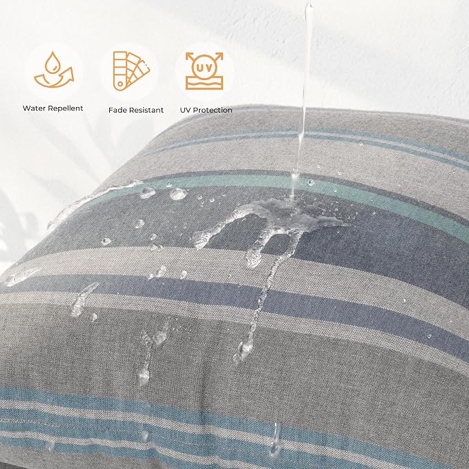 Outdoor Pillows, Patio Decorative Pillows Pack of 2, Waterproof Throw Pillows for Outdoor Furniture, 16× 16 Comfortable Spring Outdoor Pillows for Bed, Couch, Sofa, Grey & Blue Stripe