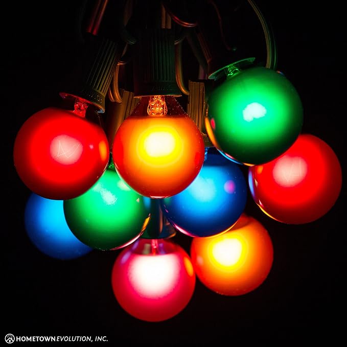G40 Assorted Satin Pearl Colored String Lights (25 Foot – Green Wire) | G40 Assorted 1.6" Bulbs, Outdoor Globe Patio String Lights